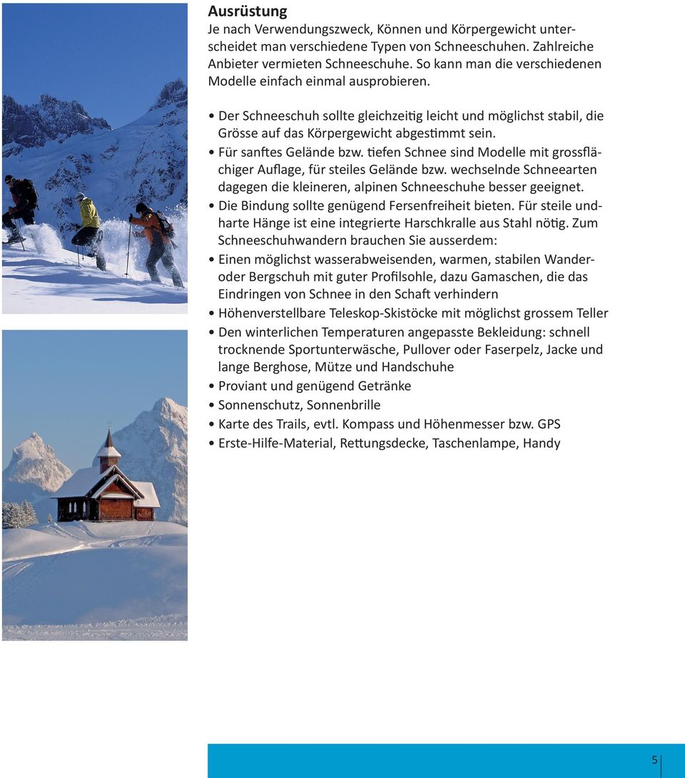 Für sanftes Gelände bzw. tiefen Schnee sind Modelle mit grossflächiger Auflage, für steiles Gelände bzw. wechselnde Schneearten dagegen die kleineren, alpinen Schneeschuhe besser geeignet.