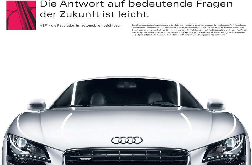 Das innovative Karosseriekonzept Audi Space Frame (ASF ) besteht aus einer leichten und hochfesten Aluminium-Rahmenstruktur.