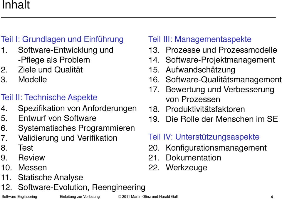 Software Engineering!Einleitung zur Vorlesung! 2011 Martin Glinz und Harald Gall! Teil III: Managementaspekte! 13.!Prozesse und Prozessmodelle! 14.!Software-Projektmanagement! 15.!Aufwandschätzung!