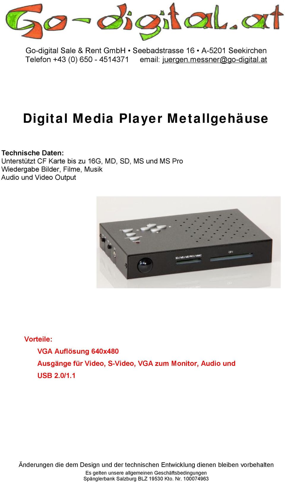 Filme, Musik Audio und Video Output VGA Auflösung 640x480