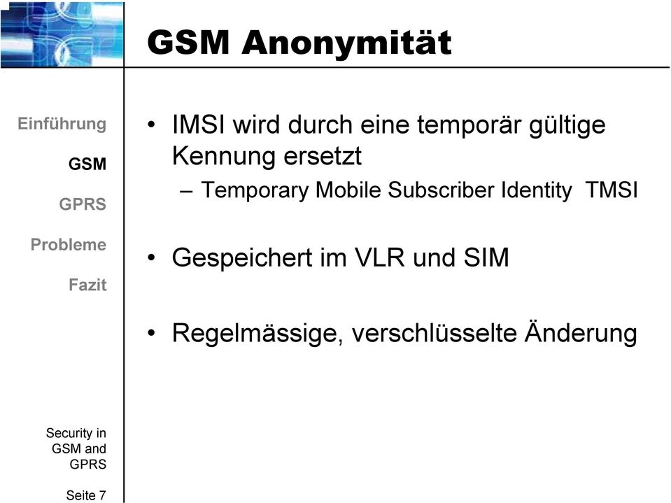 Mobile Subscriber Identity TMSI Gespeichert