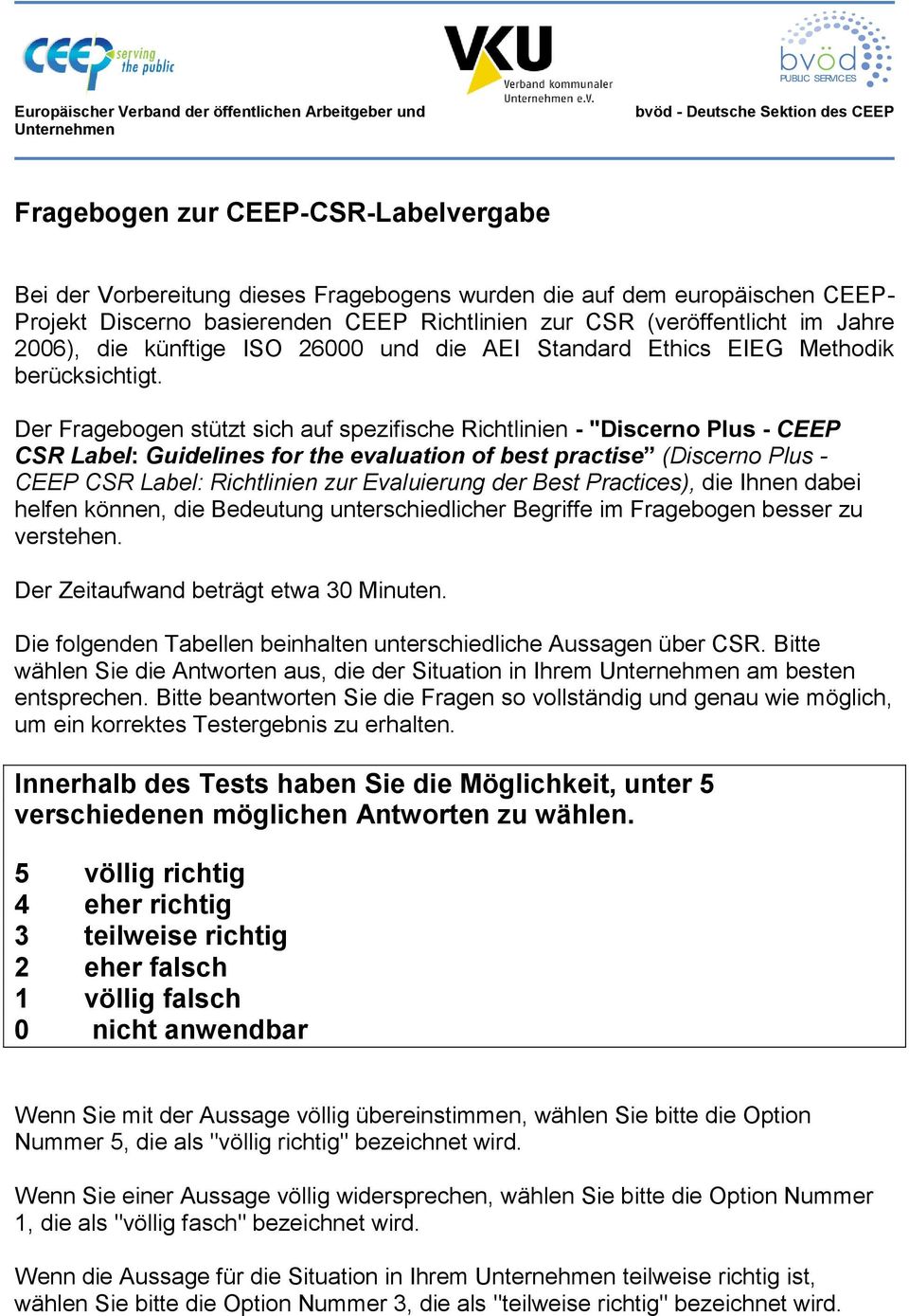 Der Fragebogen stützt sich auf spezifische Richtlinien - "Discerno Plus - CEEP CSR Label: Guidelines for the evaluation of best practise (Discerno Plus - CEEP CSR Label: Richtlinien zur Evaluierung