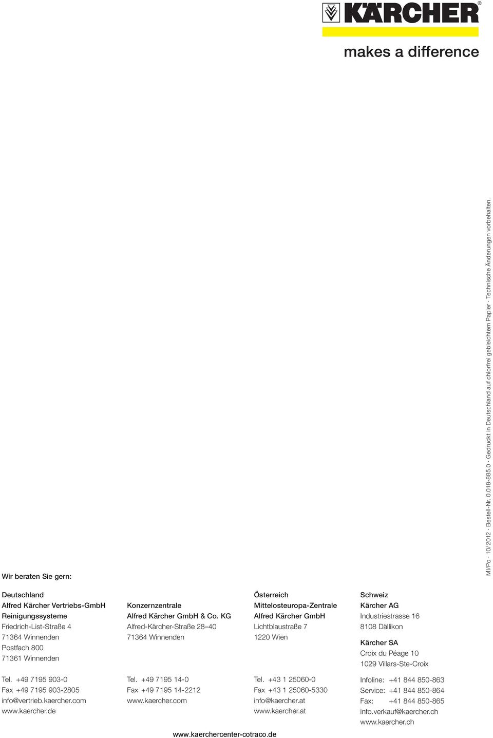 KG Alfred Kärcher GmbH Industriestrasse 16 Friedrich-List-Straße 4 Alfred-Kärcher-Straße 28 40 Lichtblaustraße 7 8108 Dällikon 71364 Winnenden Postfach 800 71361 Winnenden 71364 Winnenden 1220 Wien