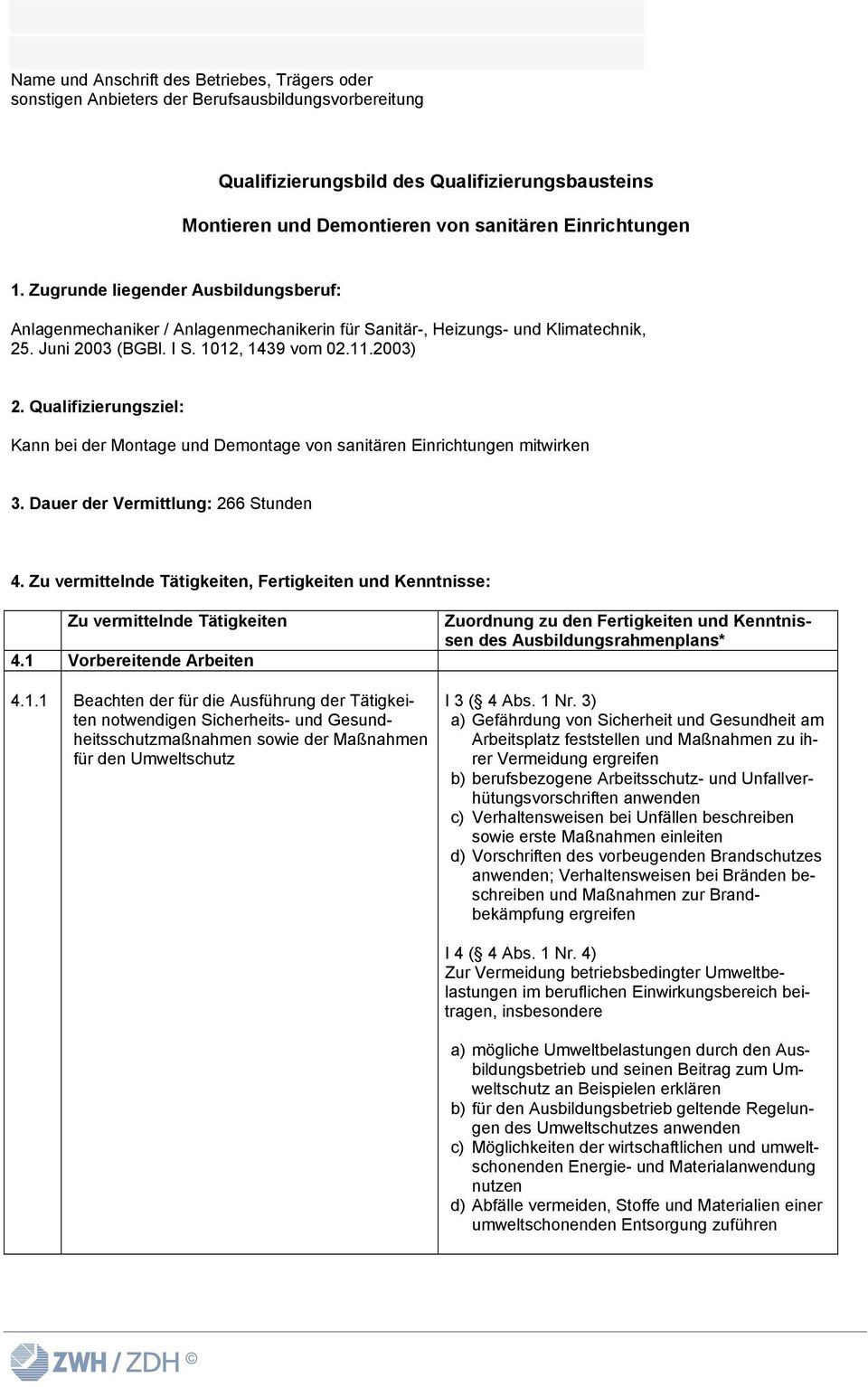 Qualifizierungsziel: Kann bei der Montage und Demontage von sanitären Einrichtungen mitwirken 3. Dauer der Vermittlung: 266 Stunden 4.