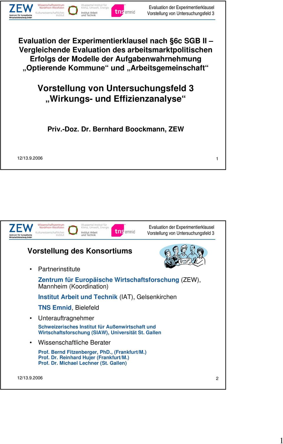 2006 1 Vorstellung des Konsortiums Partnerinstitute Zentrum für Europäische Wirtschaftsforschung (ZEW), Mannheim (Koordination) Institut Arbeit und Technik (IAT), Gelsenkirchen
