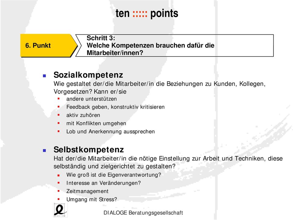 Kann er/sie andere unterstützen Feedback geben, konstruktiv kritisieren aktiv zuhören mit Konflikten umgehen Lob und Anerkennung aussprechen