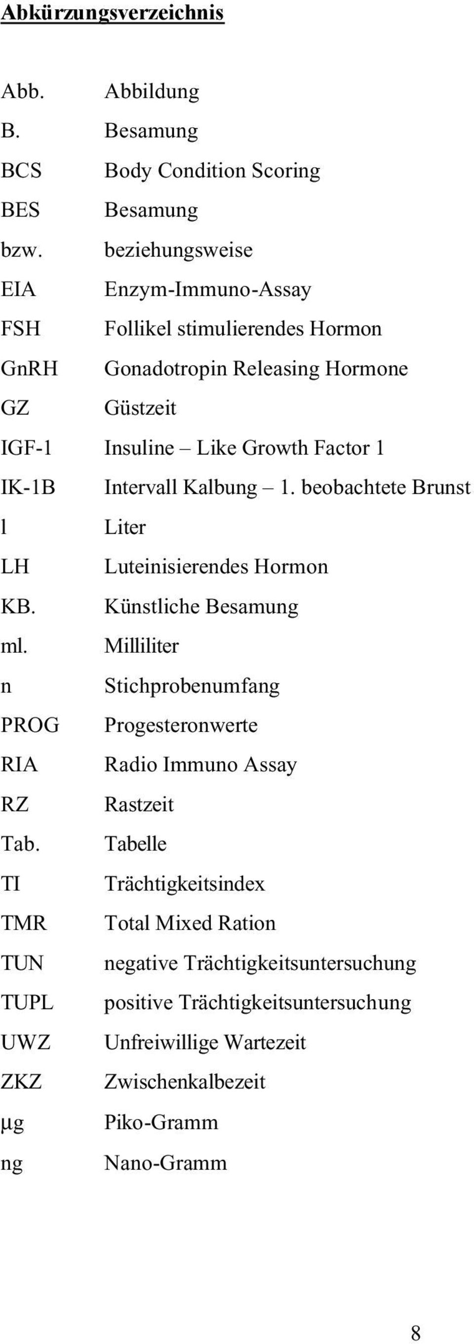 Intervall Kalbung 1. beobachtete Brunst l Liter LH Luteinisierendes Hormon KB. Künstliche Besamung ml.