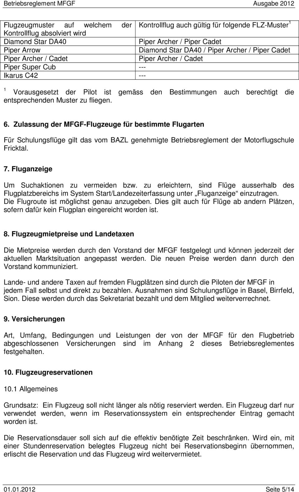 fliegen. 6. Zulassung der MFGF-Flugzeuge für bestimmte Flugarten Für Schulungsflüge gilt das vom BAZL genehmigte Betriebsreglement der Motorflugschule Fricktal. 7.