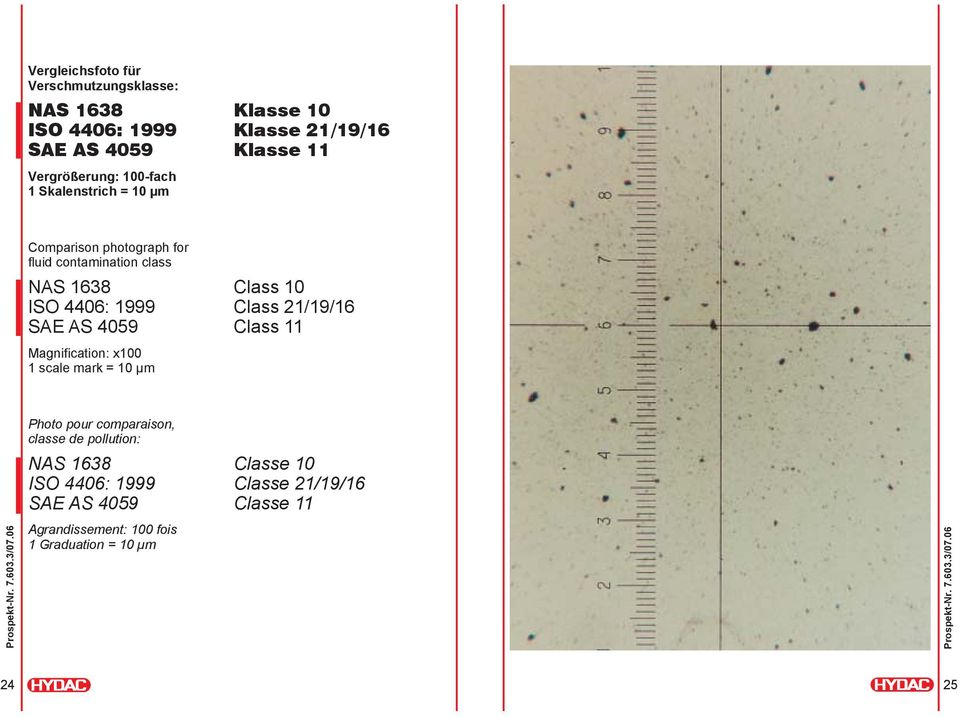 4406: 1999 Class 21/19/16 SAE AS 4059 Class 11 Magnification: x100 1 scale mark = 10 µm Photo pour comparaison, classe de