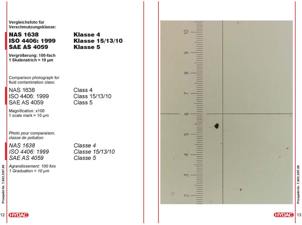 4406: 1999 Class 15/13/10 SAE AS 4059 Class 5 Magnification: x100 1 scale mark = 10 µm Photo pour comparaison, classe de