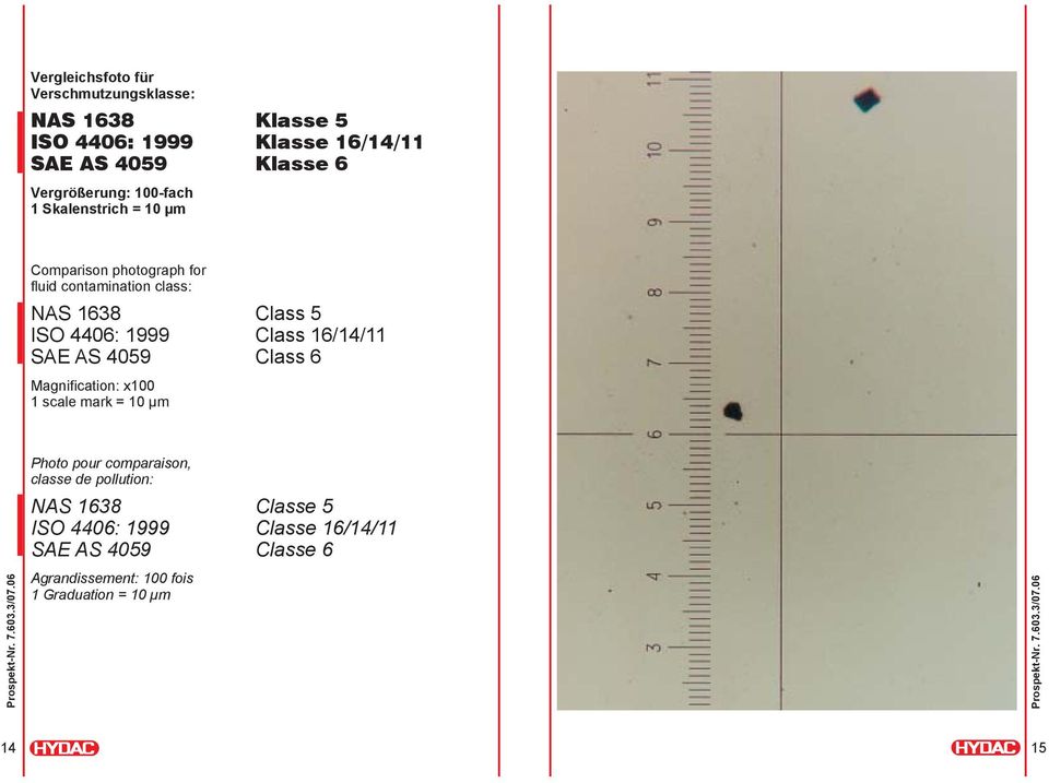 4406: 1999 Class 16/14/11 SAE AS 4059 Class 6 Magnification: x100 1 scale mark = 10 µm Photo pour comparaison, classe de