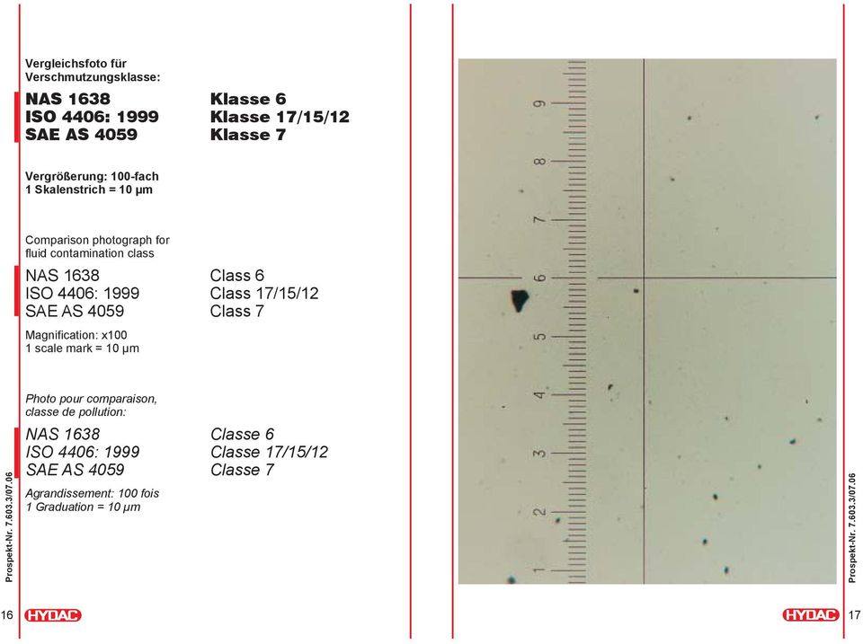 4406: 1999 Class 17/15/12 SAE AS 4059 Class 7 Magnification: x100 1 scale mark = 10 µm Photo pour comparaison, classe de