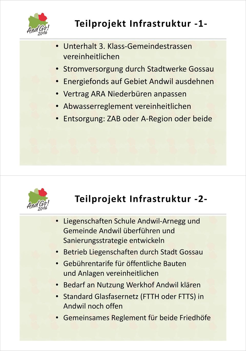 Abwasserreglement vereinheitlichen Entsorgung: ZAB oder A Region oder beide Teilprojekt Infrastruktur 2 Liegenschaften Schule Andwil Arnegg und Gemeinde Andwil