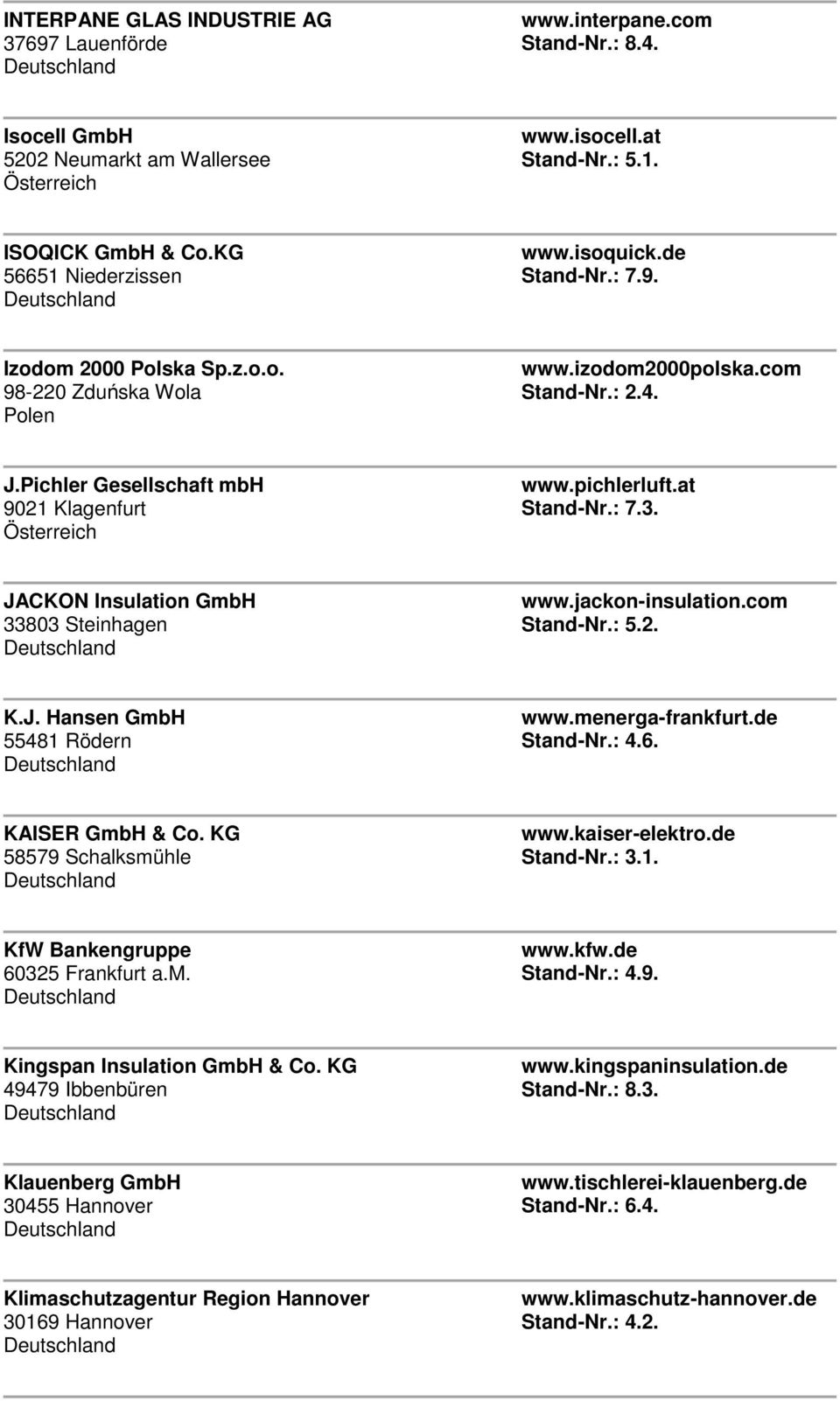 at 9021 Klagenfurt Stand-Nr.: 7.3. JACKON Insulation GmbH www.jackon-insulation.com 33803 Steinhagen Stand-Nr.: 5.2. K.J. Hansen GmbH www.menerga-frankfurt.de 55481 Rödern Stand-Nr.: 4.6.