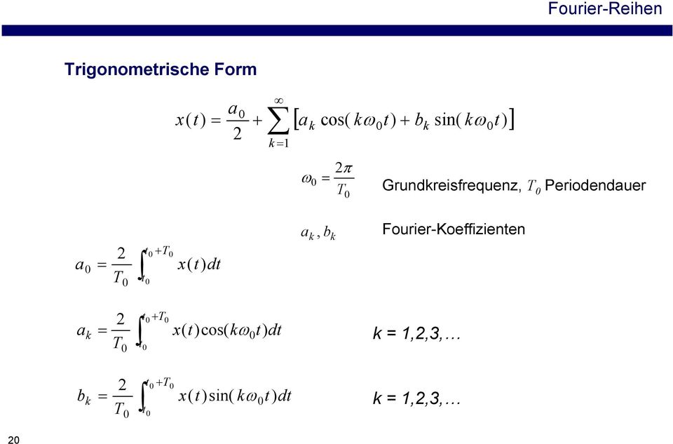 T t + T t x( t) dt a k, b k Fourier-Koeffizienten a k = 2 T t + T t x(