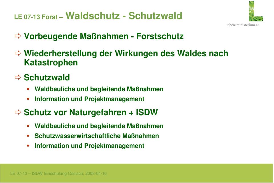 begleitende Maßnahmen Information und Projektmanagement Schutz vor Naturgefahren + ISDW