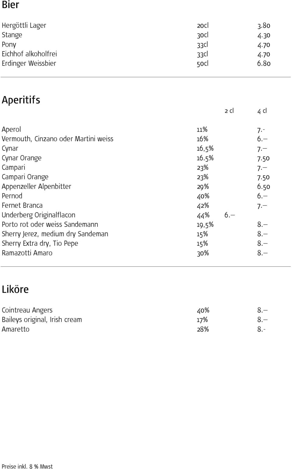 Campari Orange 23% 7.50 Appenzeller Alpenbitter 29% 6.50 Pernod 40% 6. Fernet Branca 42% 7. Underberg Originalflacon 44% 6.