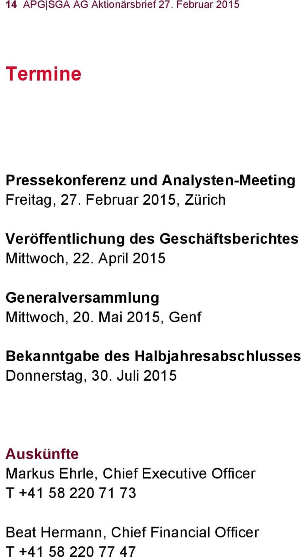 April 2015 Generalversammlung Mittwoch, 20.