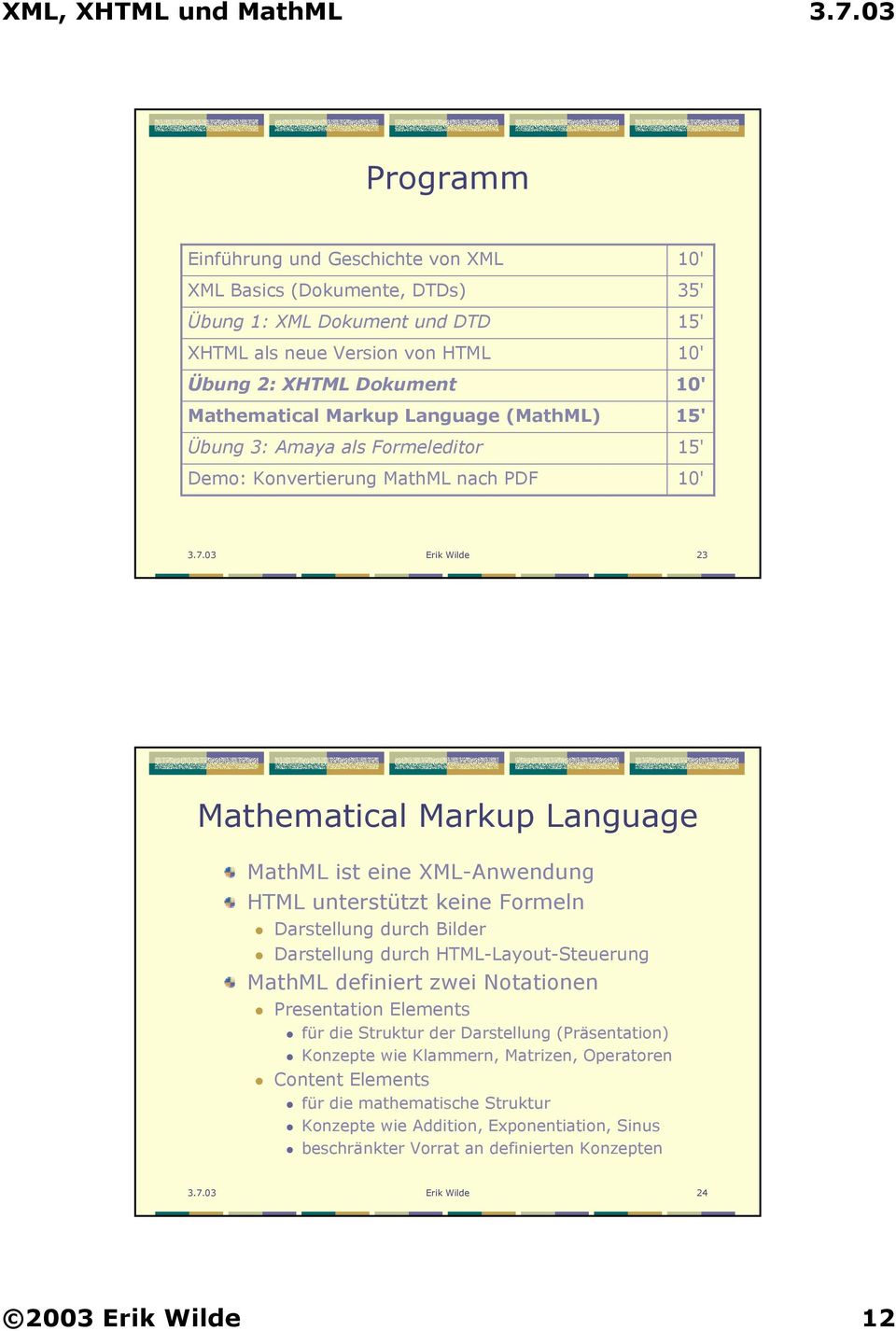 03 Erik Wilde 23 Mathematical Markup Language MathML ist eine XML-Anwendung HTML unterstützt keine Formeln Darstellung durch Bilder Darstellung durch HTML-Layout-Steuerung MathML definiert