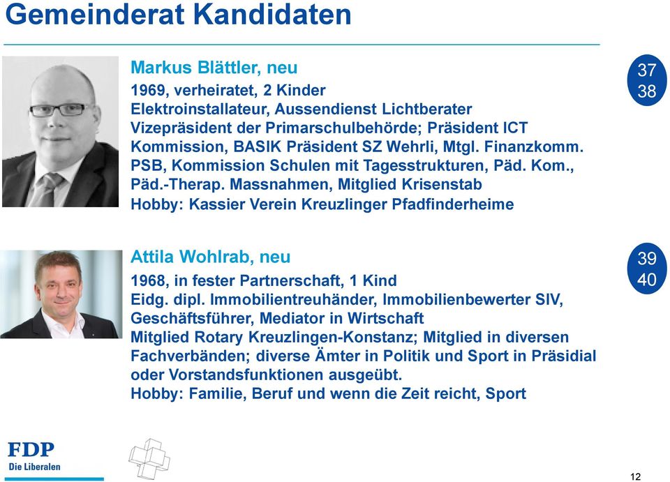 Massnahmen, Mitglied Krisenstab Hobby: Kassier Verein Kreuzlinger Pfadfinderheime 37 38 Attila Wohlrab, neu 1968, in fester Partnerschaft, 1 Kind Eidg. dipl.