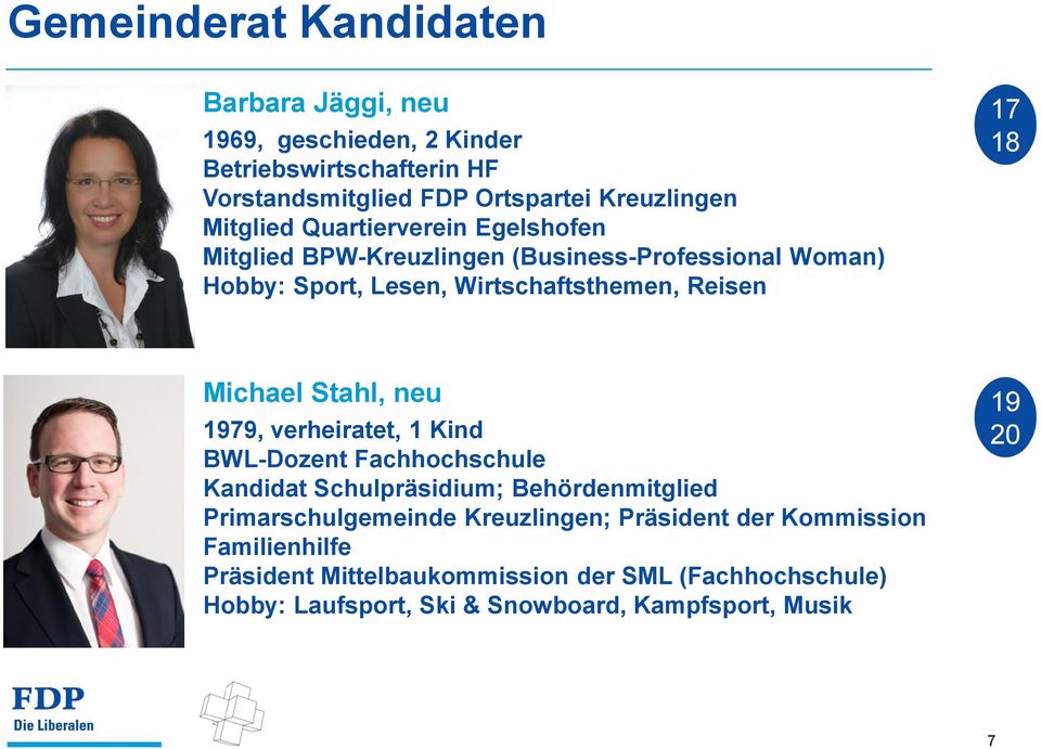 Michael Stahl, neu 1979, verheiratet, 1 Kind BWL-Dozent Fachhochschule Kandidat Schulpräsidium; Behördenmitglied Primarschulgemeinde