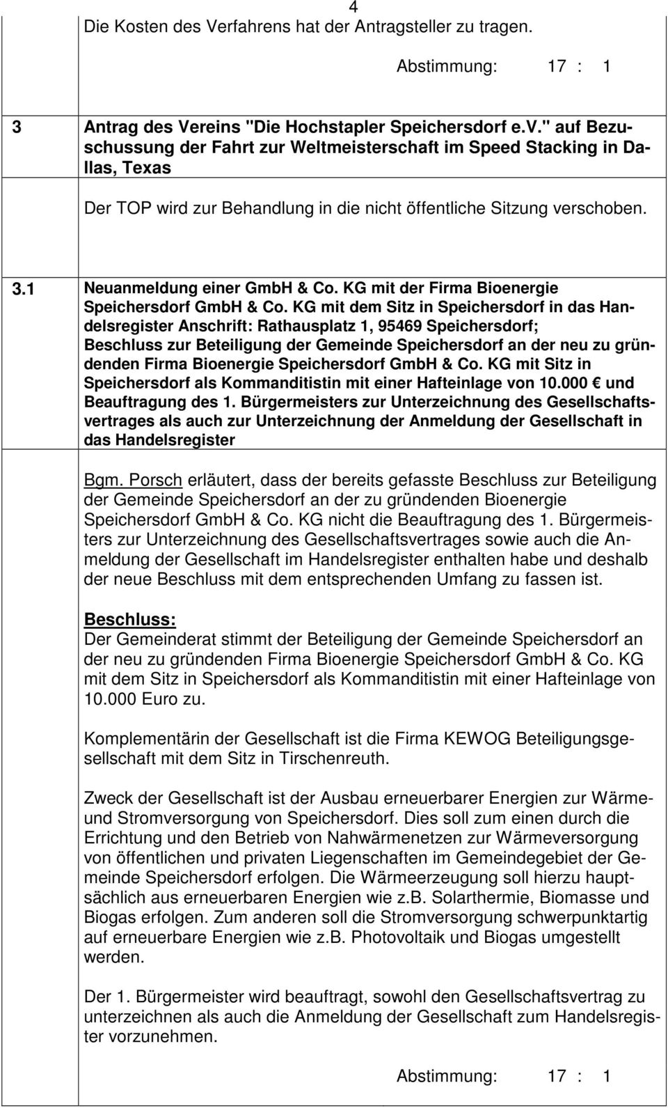 KG mit der Firma Bioenergie Speichersdorf GmbH & Co.