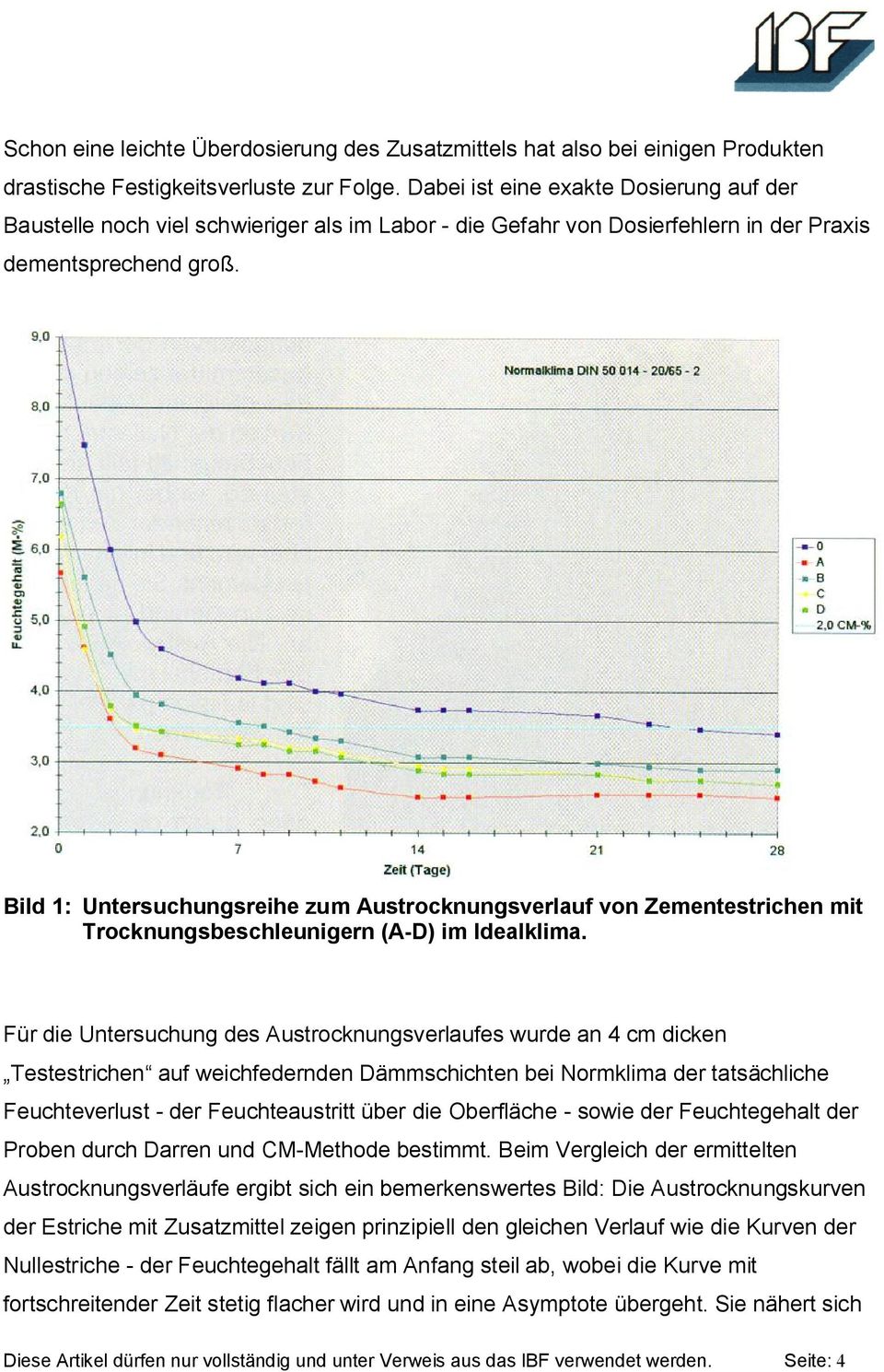Bild 1: Untersuchungsreihe zum Austrocknungsverlauf von Zementestrichen mit Trocknungsbeschleunigern (A D) im Idealklima.