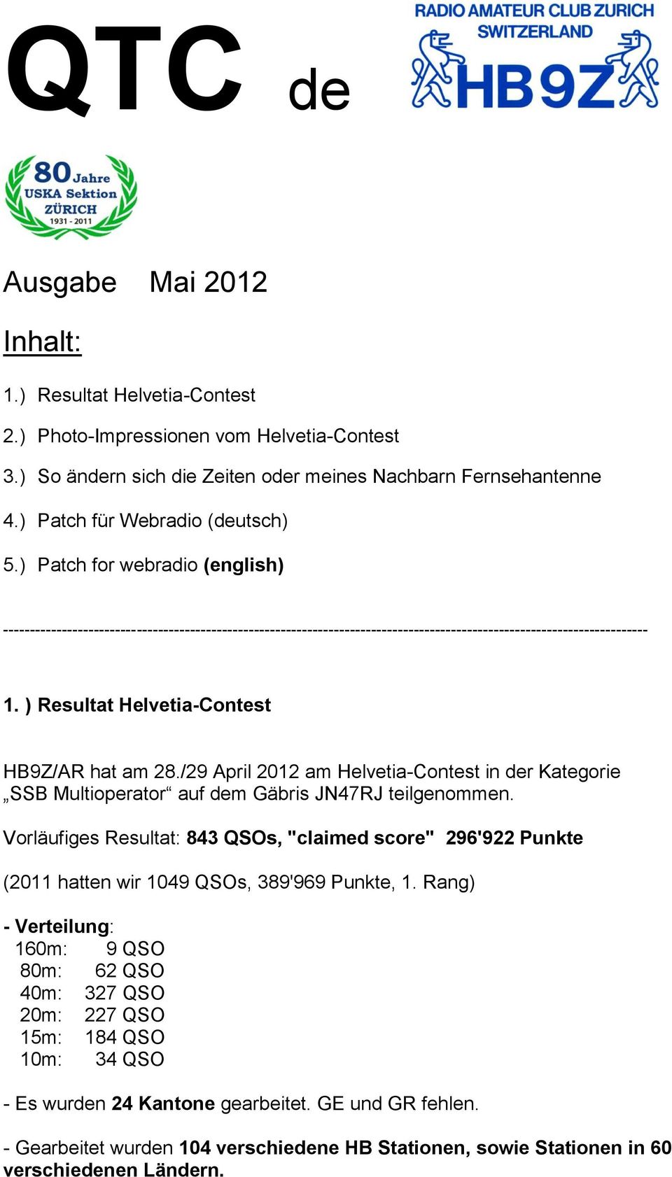 ) Resultat Helvetia-Contest HB9Z/AR hat am 28./29 April 2012 am Helvetia-Contest in der Kategorie SSB Multioperator auf dem Gäbris JN47RJ teilgenommen.