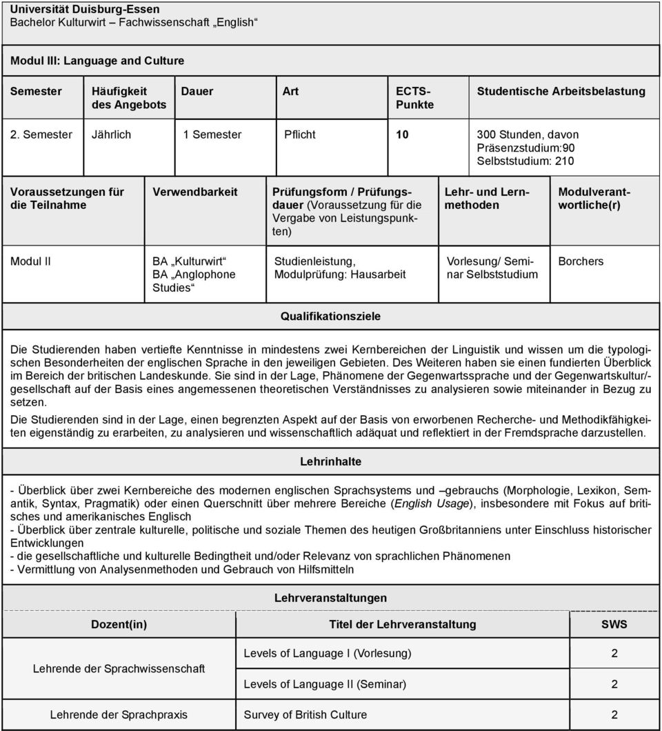 Seminar Borchers Die Studierenden haben vertiefte Kenntnisse in mindestens zwei Kernbereichen der Linguistik und wissen um die typologischen Besonderheiten der englischen Sprache in den jeweiligen