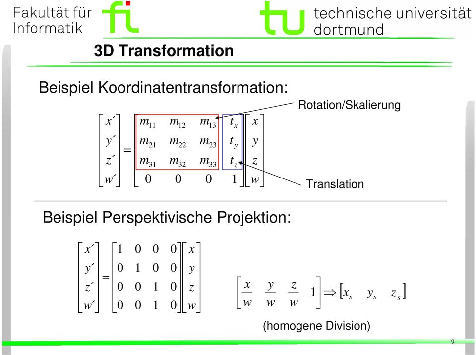 Rotation/Skalierung Translation Beispiel Perspektivische Projektion: = w z y