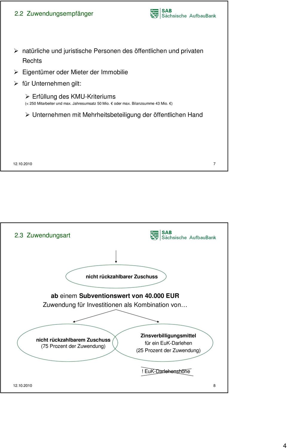 ) Unternehmen mit Mehrheitsbeteiligung der öffentlichen Hand 12.10.2010 7 2.3 Zuwendungsart nicht rückzahlbarer Zuschuss ab einem Subventionswert von 40.