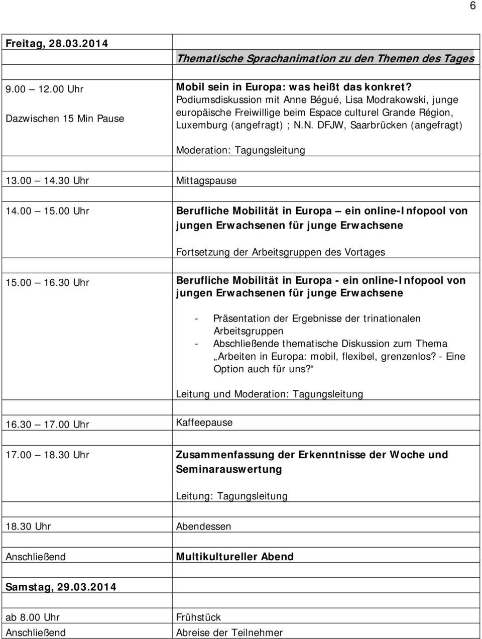 N. DFJW, Saarbrücken (angefragt) Moderation: Tagungsleitung 13.00 14.30 Uhr Mittagspause 14.00 15.