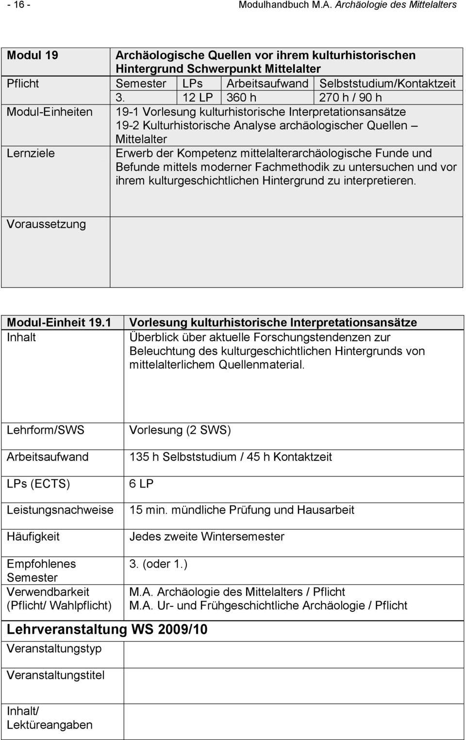 mittelalterarchäologische Funde und Befunde mittels moderner Fachmethodik zu untersuchen und vor ihrem kulturgeschichtlichen Hintergrund zu interpretieren. Voraussetzung Modul-Einheit 19.