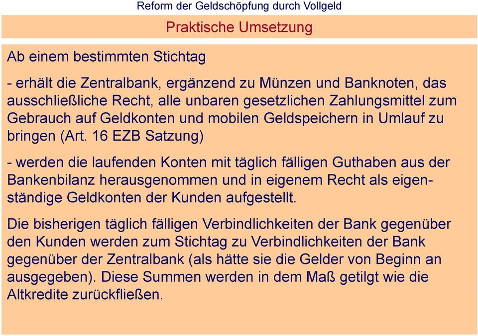 16 EZB Satzung) - werden die laufenden Konten mit täglich fälligen Guthaben aus der Bankenbilanz herausgenommen und in eigenem Recht als eigenständige Geldkonten der Kunden aufgestellt.