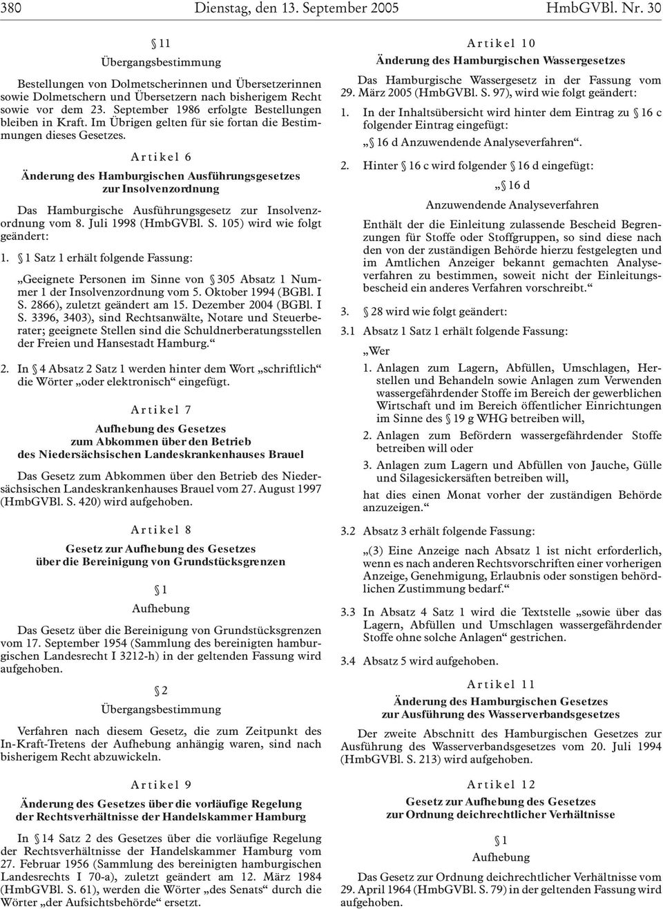 Artikel 6 Änderung des Hamburgischen Ausführungsgesetzes zur Insolvenzordnung Das Hamburgische Ausführungsgesetz zur Insolvenzordnung vom 8. Juli 1998 (HmbGVBl. S. 105) wird wie folgt geändert: 1.