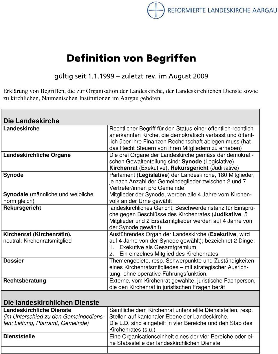 Die Landeskirche Landeskirche Landeskirchliche Organe Synode Synodale (männliche und weibliche Form gleich) Rekursgericht Kirchenrat (Kirchenrätin), neutral: Kirchenratsmitglied Dossier