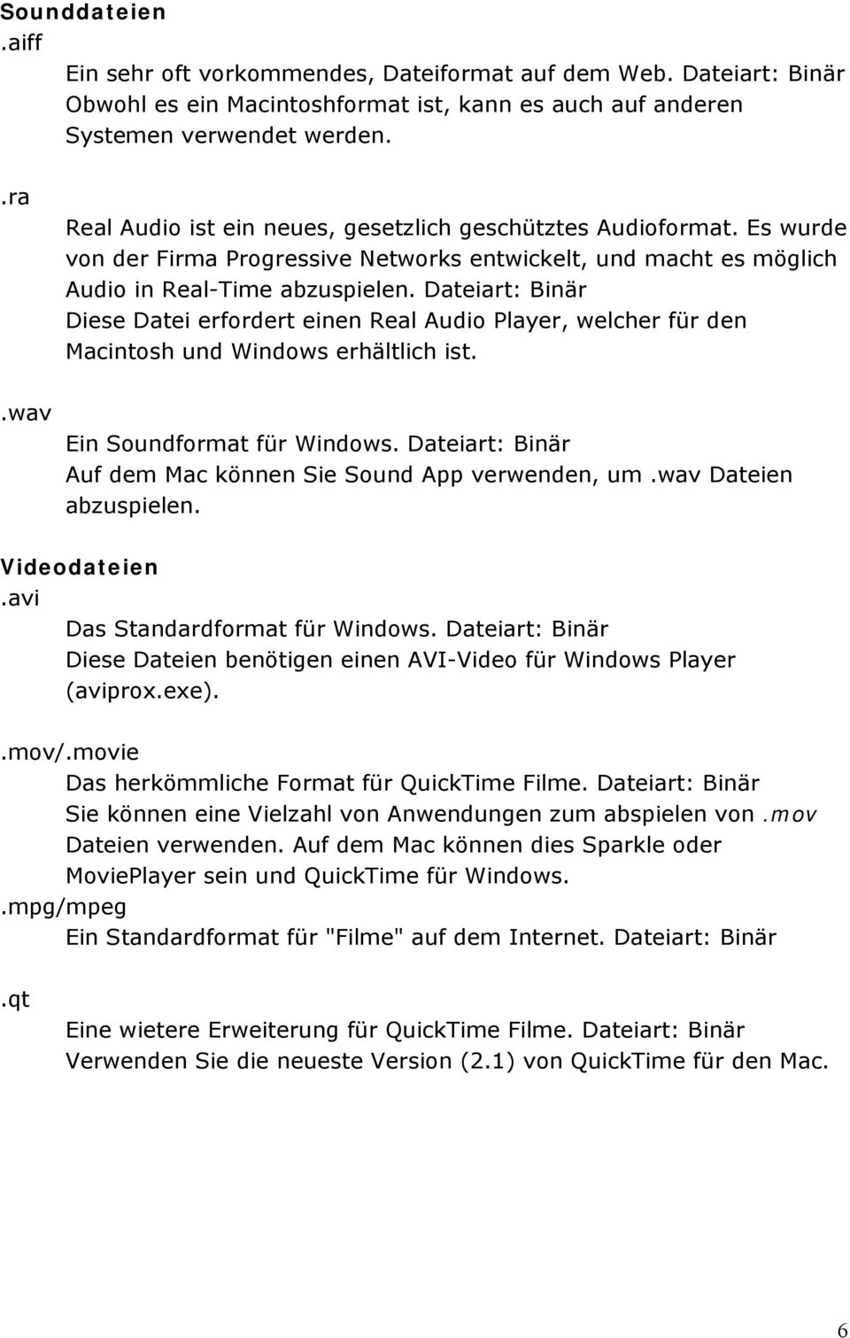 Dateiart: Binär Diese Datei erfordert einen Real Audio Player, welcher für den Macintosh und Windows erhältlich ist..wav Ein Soundformat für Windows.