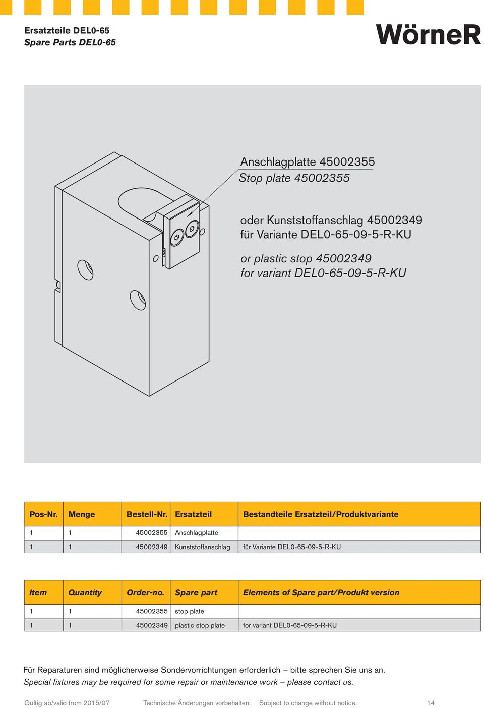 Ersatzteil Bestandteile Ersatzteil/Produktvariante 1 1 45002355 Anschlagplatte 1 1 45002349 Kunststoffanschlag für Variante DEL0-65-09-5-R-KU Item Quantity Order-no.