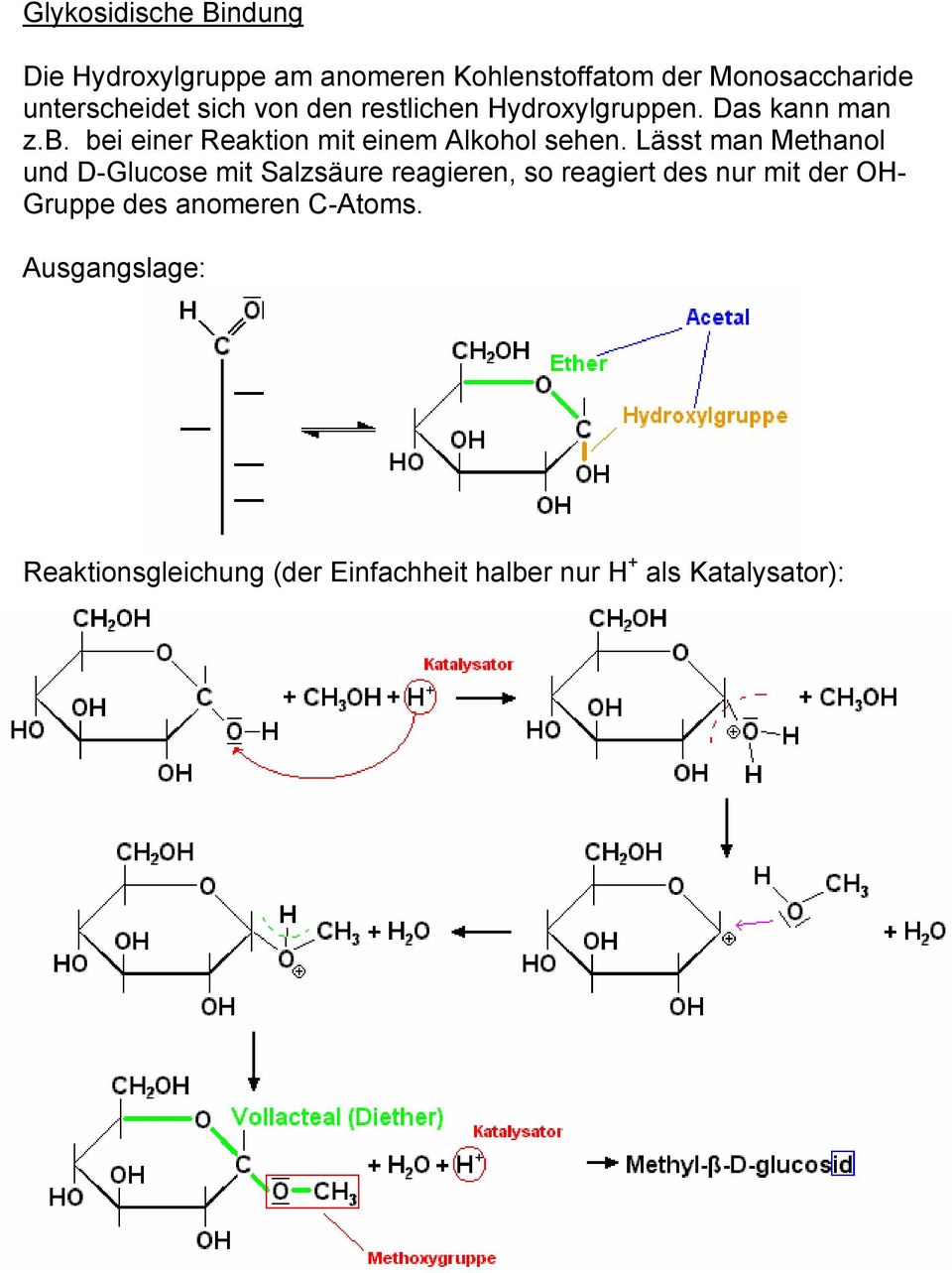 Lässt man Methanol und D-Glucose mit Salzsäure reagieren, so reagiert des nur mit der OH- Gruppe des