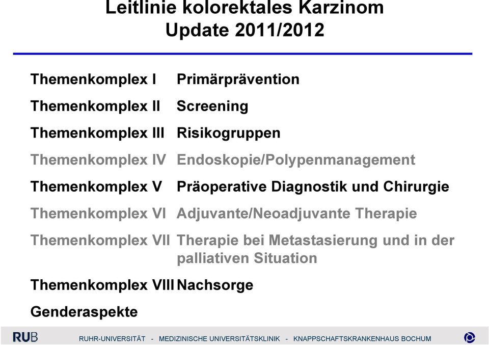 V Präoperative Diagnostik und Chirurgie Themenkomplex VI Adjuvante/Neoadjuvante Therapie Themenkomplex