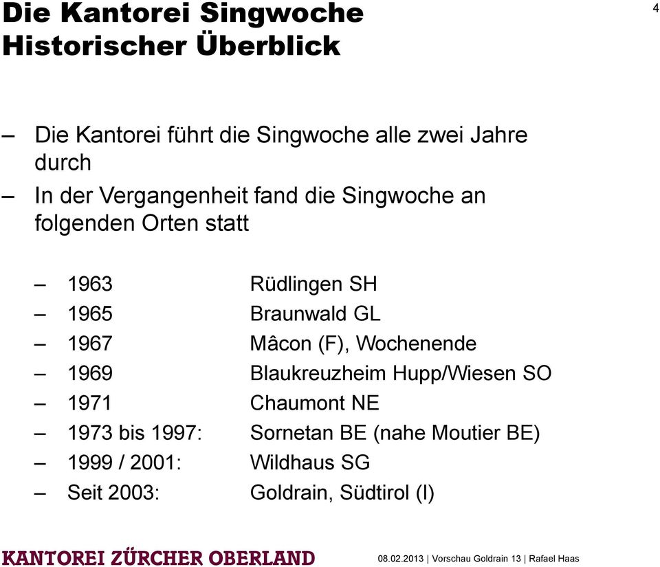 Braunwald GL 1967 Mâcon (F), Wochenende 1969 Blaukreuzheim Hupp/Wiesen SO 1971 Chaumont NE 1973