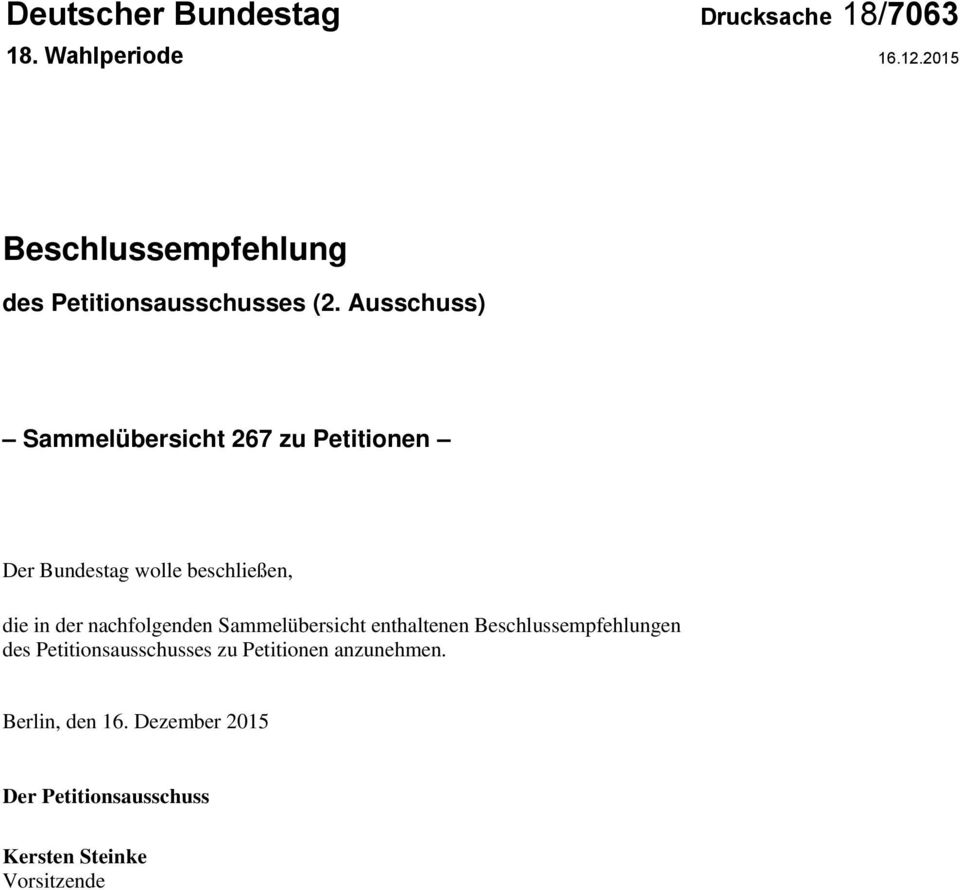 Ausschuss) Sammelübersicht 267 zu Petitionen Der Bundestag wolle beschließen, die in der