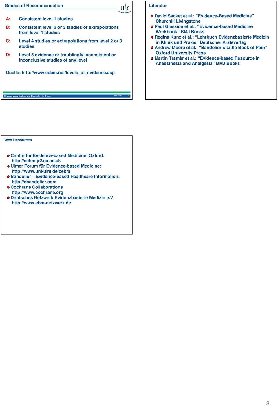 : Evidence-based Medicine Workbook BMJ Books Regina Kunz et al.: Lehrbuch Evidenzbasierte Medizin in Klinik und Praxis Deutscher Ärzteverlag Andrew Moore et al.