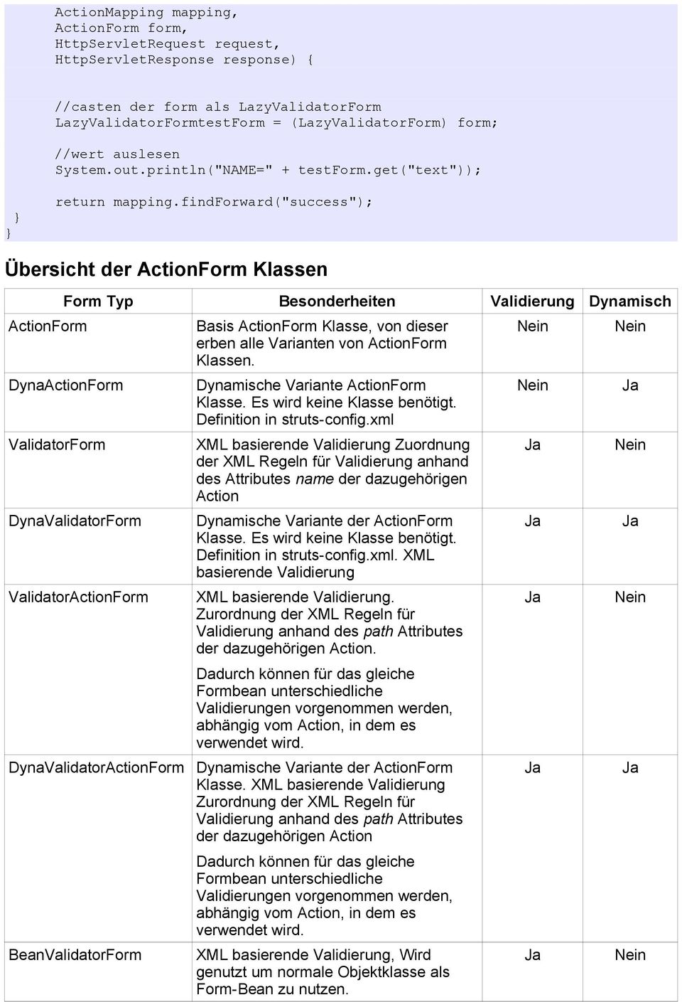 BeanValidatorForm Basis ActionForm Klasse, von dieser erben alle Varianten von ActionForm Klassen. Dynamische Variante ActionForm Klasse. Es wird keine Klasse benötigt. Definition in struts-config.
