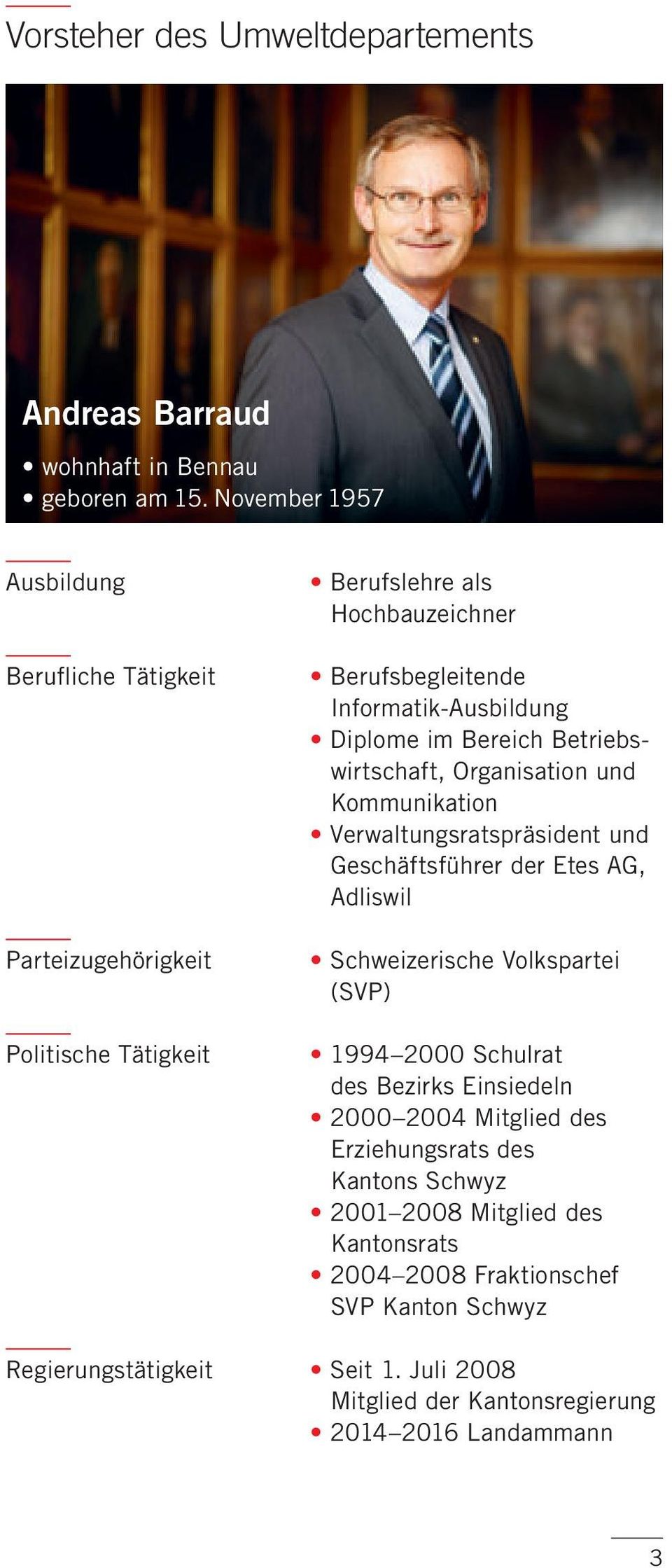 Kommunikation Verwaltungsratspräsident und Geschäftsführer der Etes AG, Adliswil Schweizerische Volkspartei (SVP) 1994 2000 Schulrat des