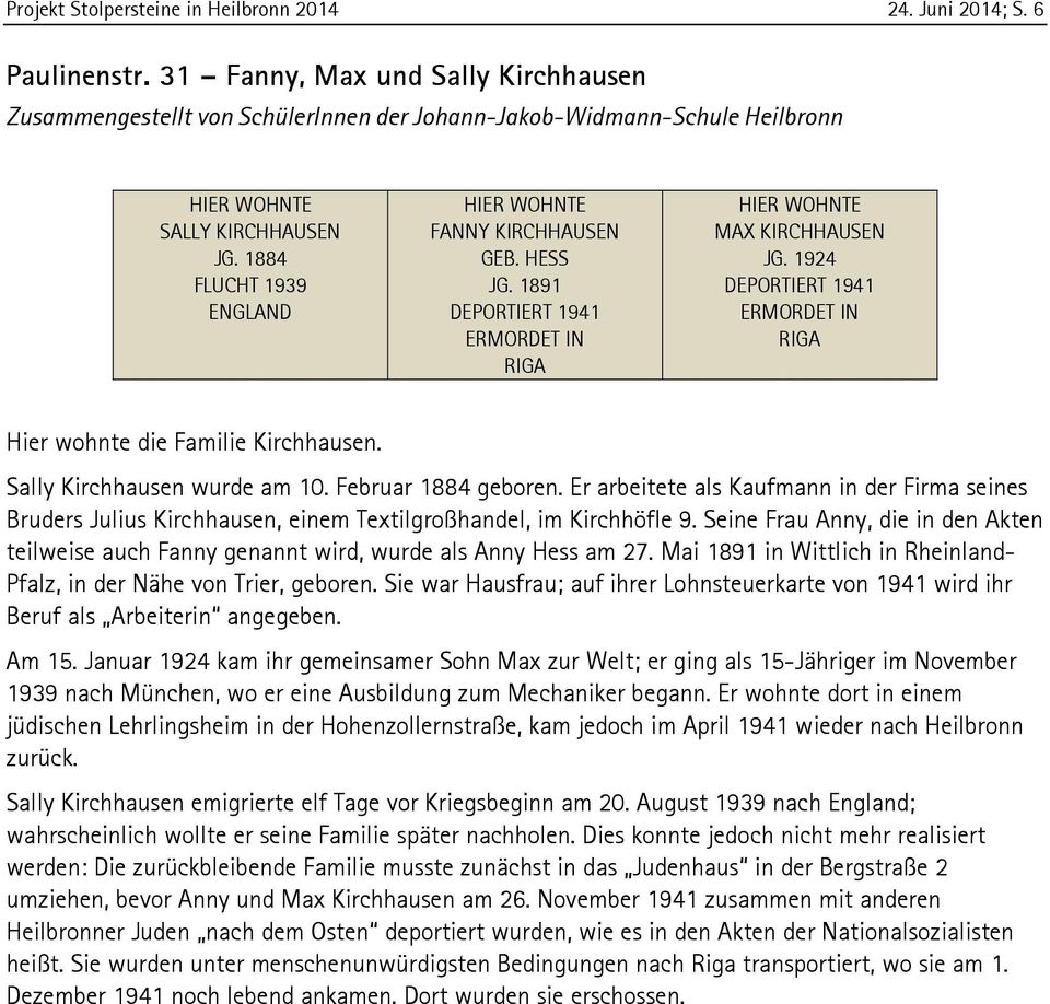 1891 DEPORTIERT 1941 ERMORDET IN RIGA MAX KIRCHHAUSEN JG. 1924 DEPORTIERT 1941 ERMORDET IN RIGA Hier wohnte die Familie Kirchhausen. Sally Kirchhausen wurde am 10. Februar 1884 geboren.