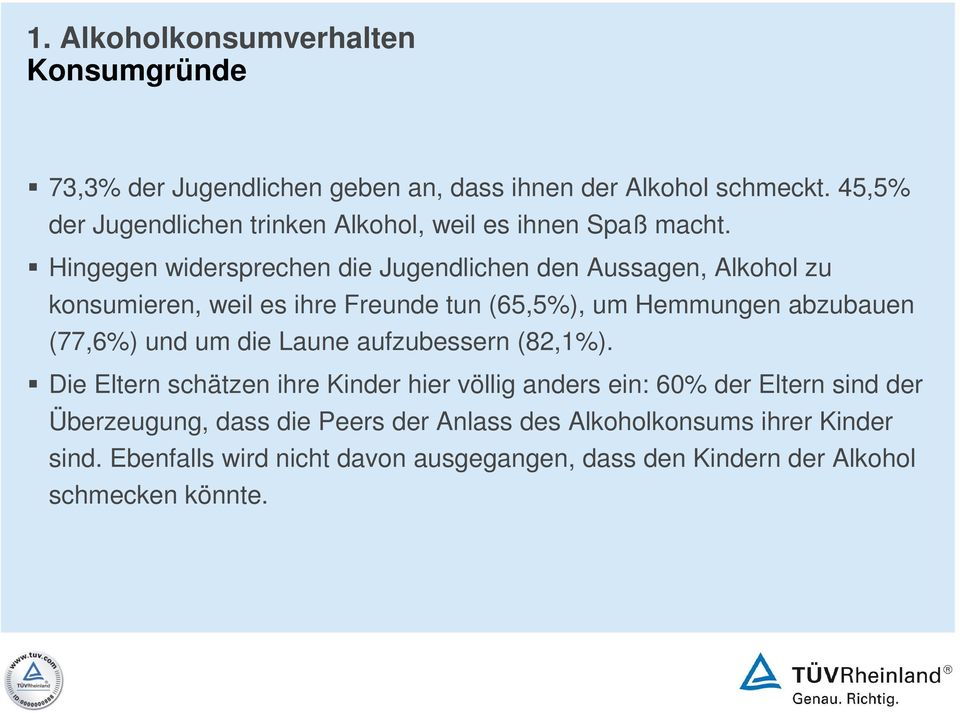 Hingegen widersprechen die Jugendlichen den Aussagen, Alkohol zu konsumieren, weil es ihre Freunde tun (65,5%), um Hemmungen abzubauen (77,6%) und