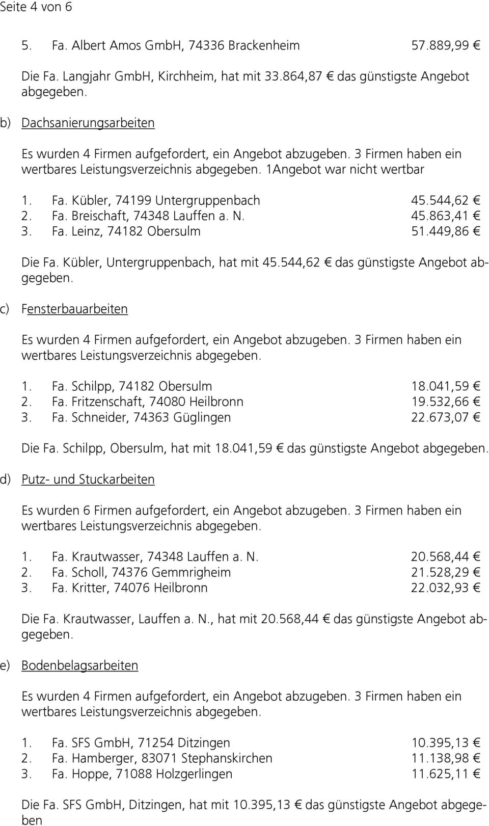 N. 45.863,41 3. Fa. Leinz, 74182 Obersulm 51.449,86 Die Fa. Kübler, Untergruppenbach, hat mit 45.544,62 das günstigste Angebot abgegeben.