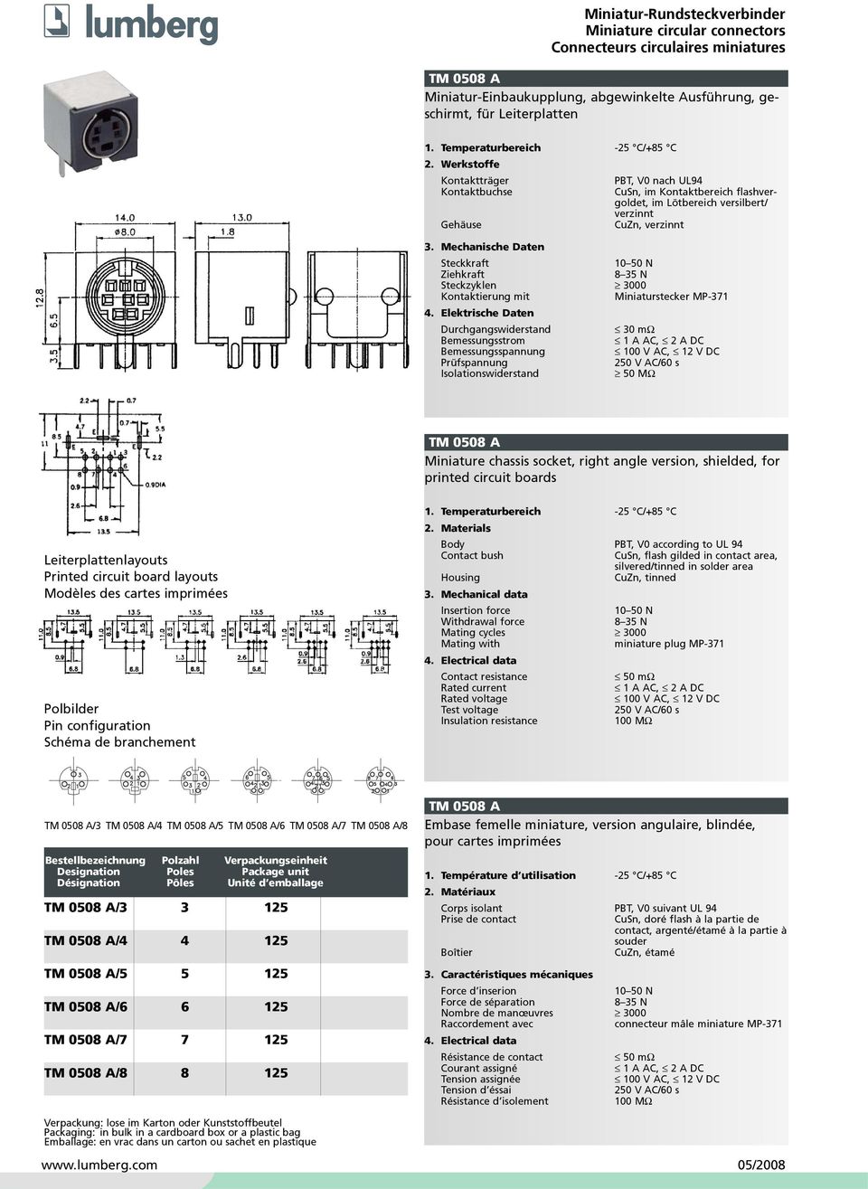 Durchgangswiderstand 1 A AC, 2 A DC 100 V AC, 12 V DC 50 MΩ TM 0508 A Miniature chassis socket, right angle version, shielded, for printed circuit boards Leiterplattenlayouts Printed circuit board