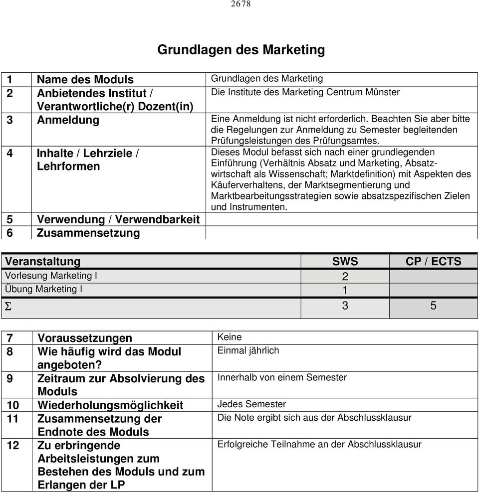 4 Inhalte / Lehrziele / Lehrformen 5 Verwendung / Verwendbarkeit 6 Zusammensetzung Dieses Modul befasst sich nach einer grundlegenden Einführung (Verhältnis Absatz und Marketing, Absatzwirtschaft als